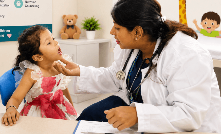 Paediatrician examining a young child during a Kaumarbhritya OPD visit.