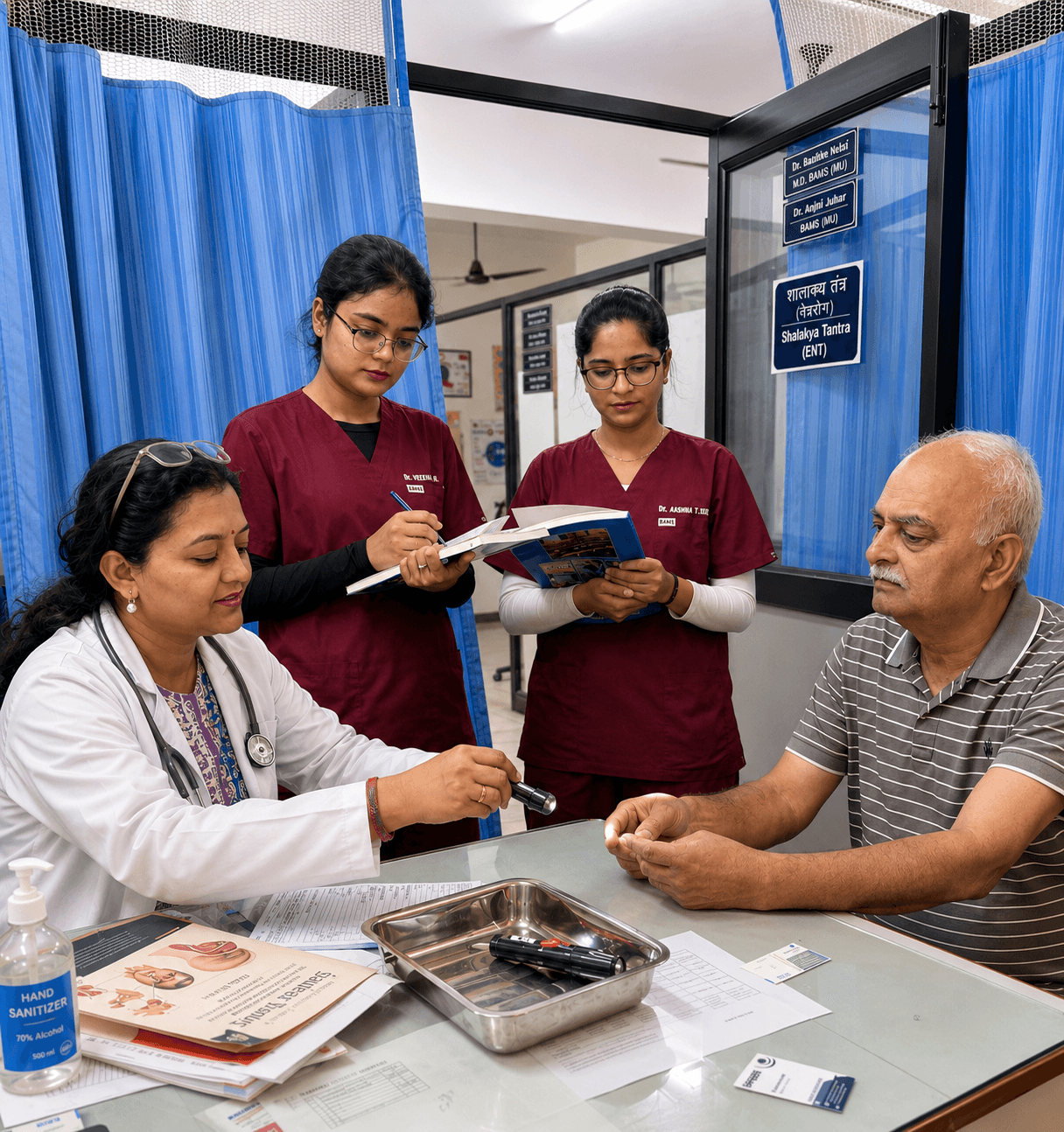 Dr. Anjali Dabas performing an ENT assessment in the Shalakya Tantra clinic.