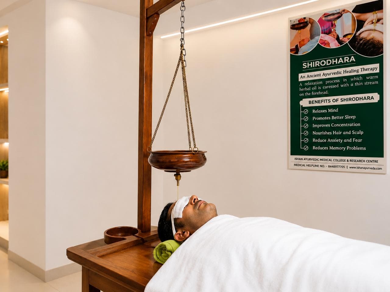 Shirodhara therapy room used for anxiety and insomnia treatment courses.