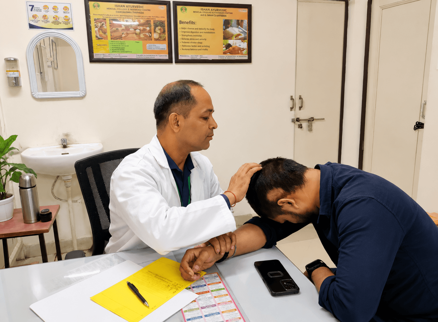 Ayurvedic physician examining a patient's scalp for hair fall.