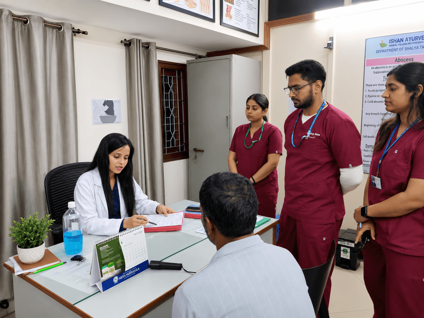 Surgeon examining a patient before a fistula procedure.