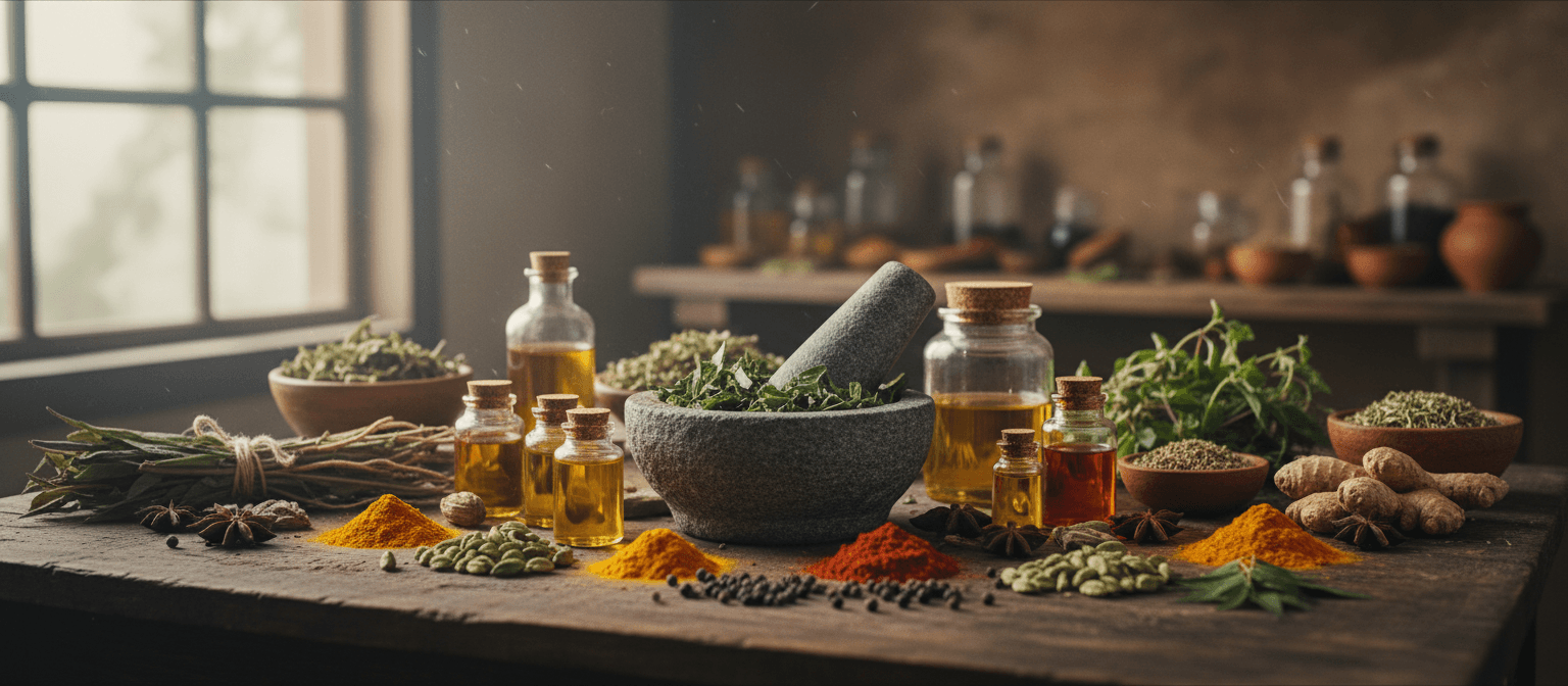 Traditional Ayurvedic herbs, oils, and spices arranged on a wooden table with a stone mortar and pestle.