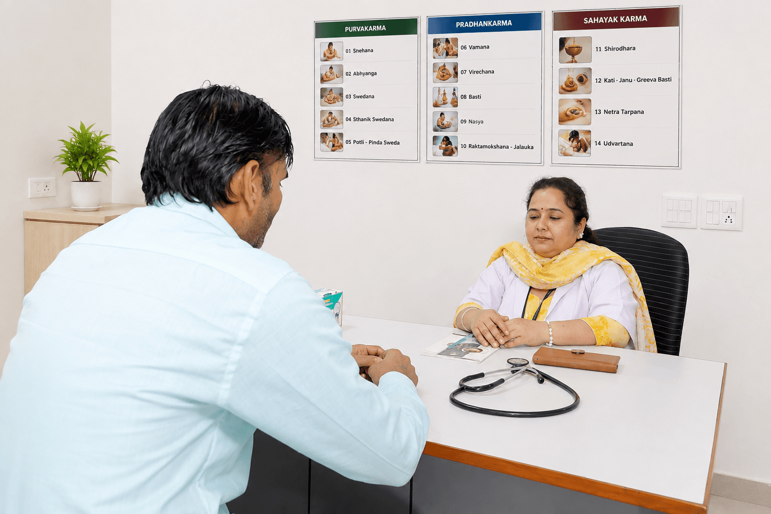 Agad Tantra physician reviewing liver function tests and toxin exposure history during a de-addiction consultation.