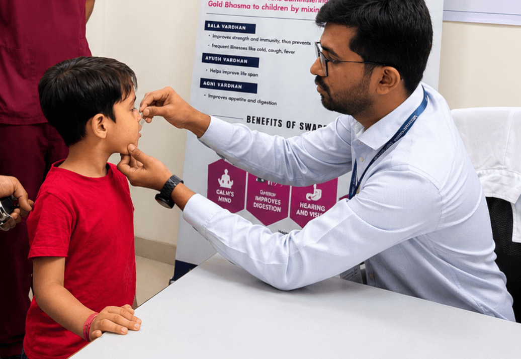 Child-friendly paediatric Panchakarma suite with smaller tables and child-safe oils.