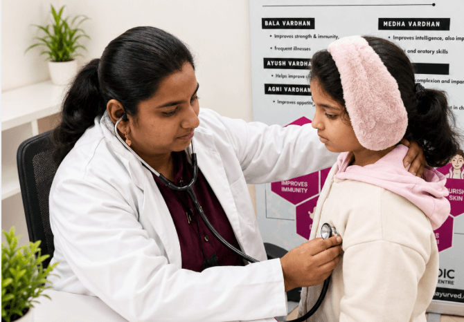 Ayurvedic paediatrician examining a child during a Kaumarbhritya consultation.