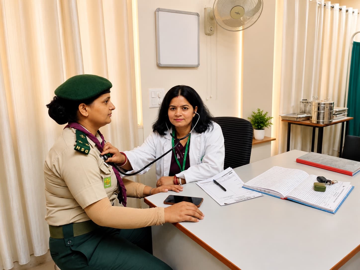Ishan physician examining a patient with a stethoscope during a General Medicine consultation.