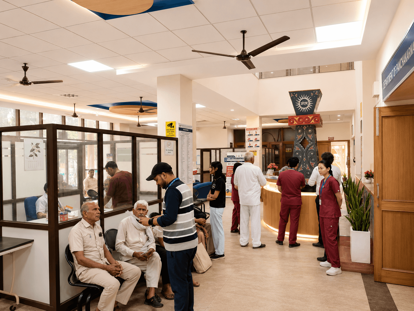 OPD reception and waiting area at Ishan Ayurvedic Hospital.