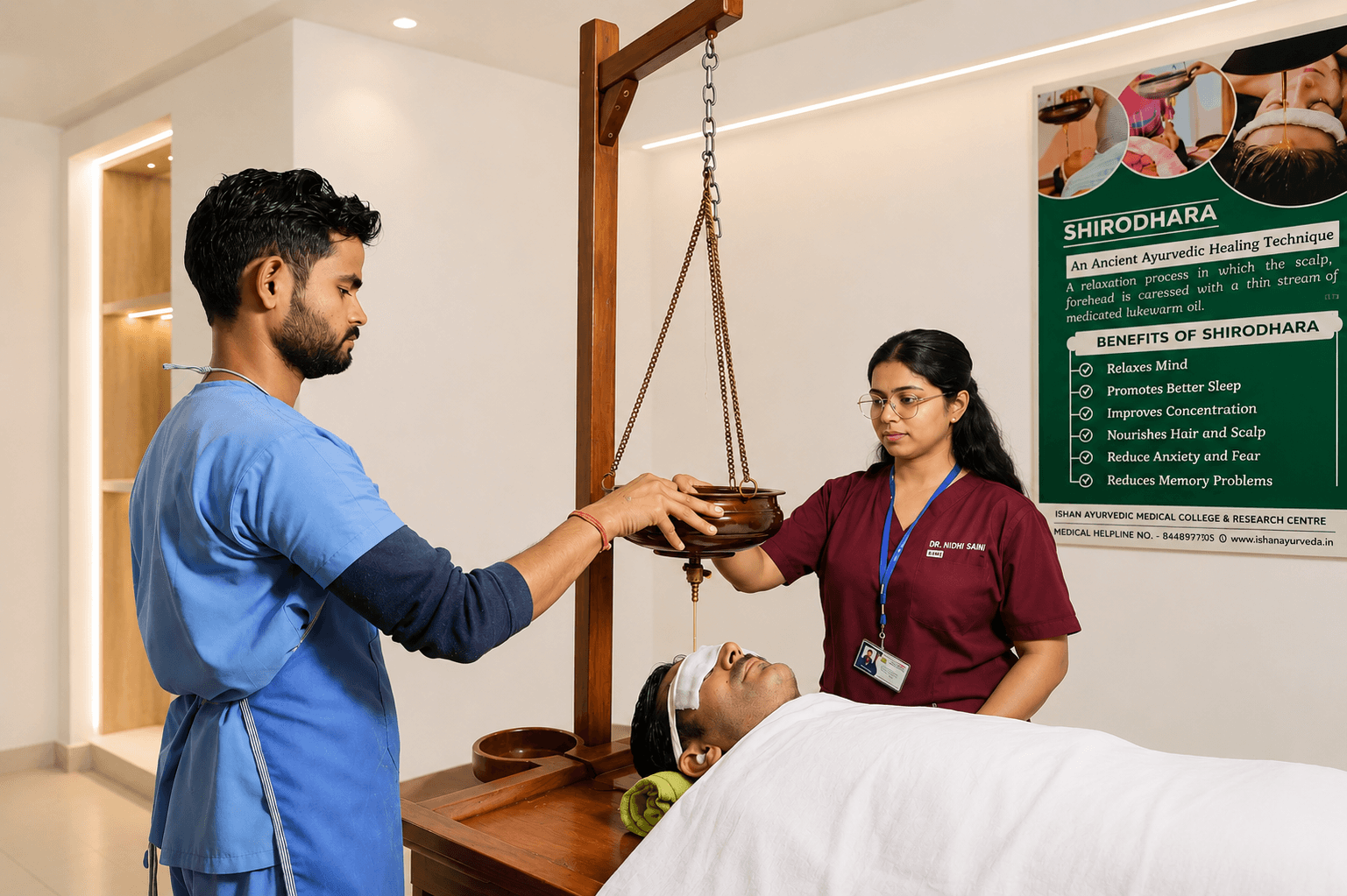 Purpose-built Panchakarma therapy suite with copper-lined Droni and warm lighting for classical procedures.