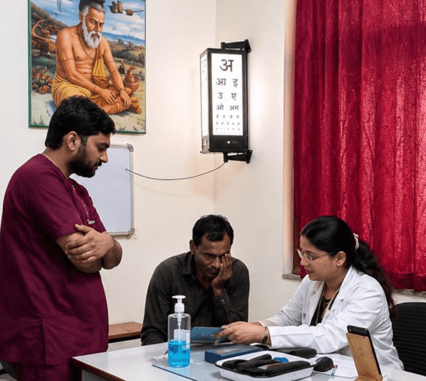 Triphala Ghrita, Anjana and classical Ayurvedic ophthalmic preparations on display.