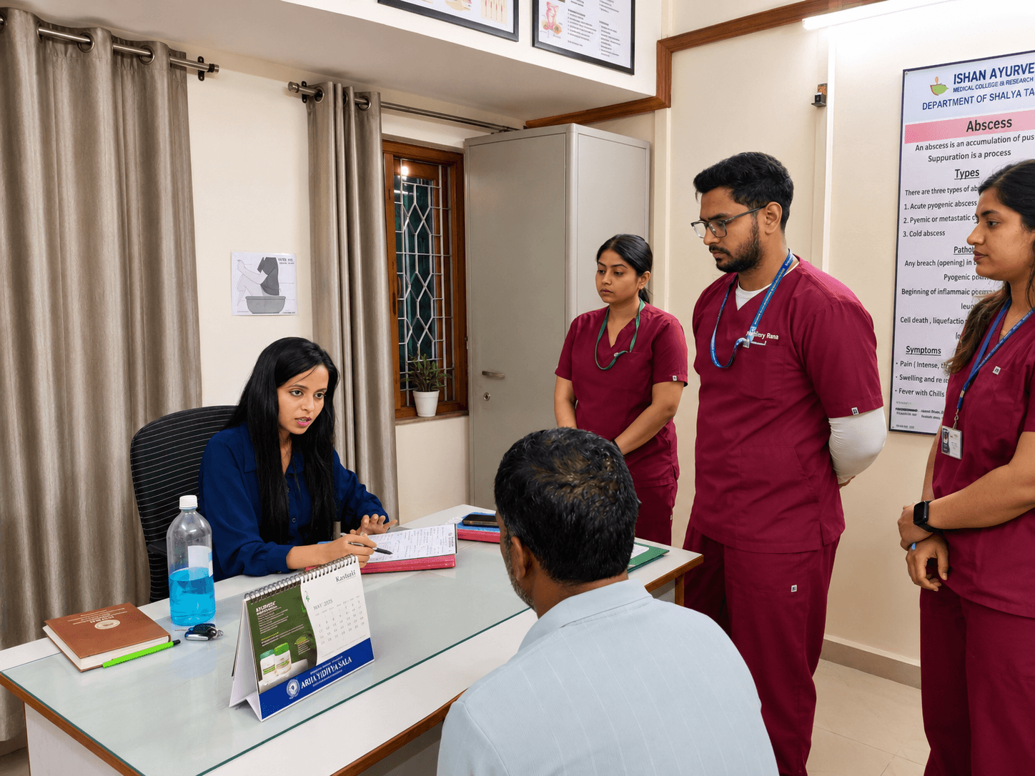 Ayurvedic surgeon performing a Kshar Sutra para-surgical procedure in a sterile setup.