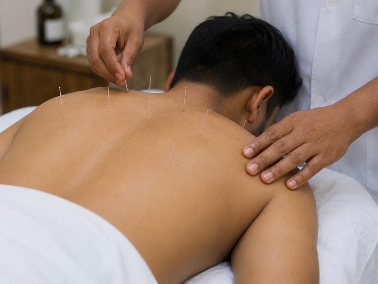 Sterile single-use acupuncture needles laid out before a session.