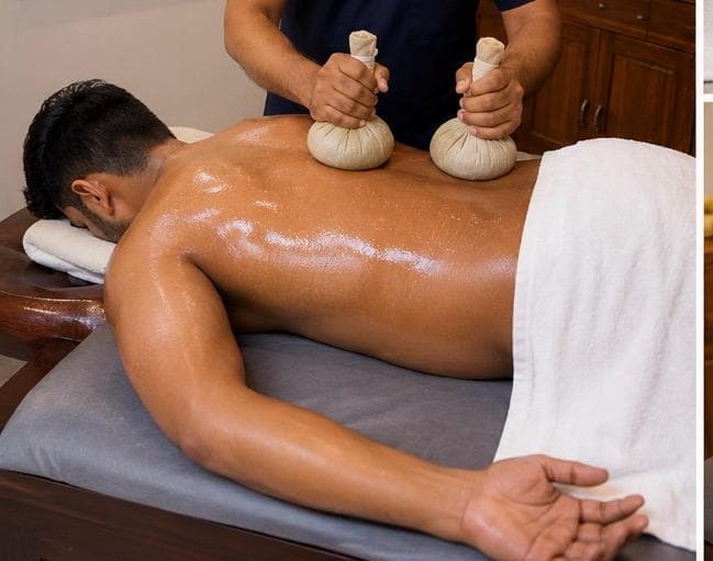 Therapist pressing two warm herbal poultices along a patient's oiled back.