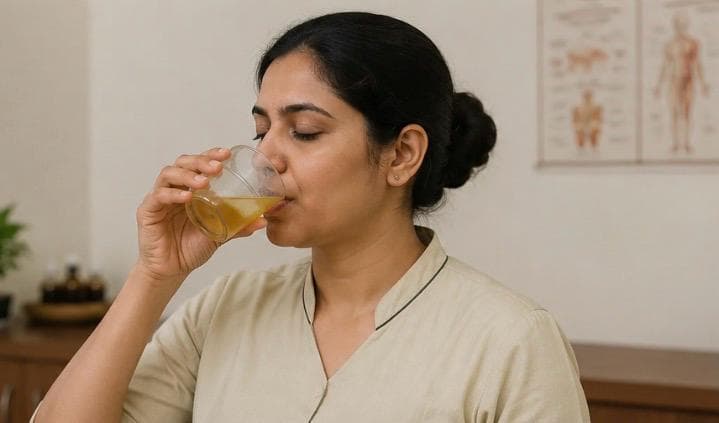 Patient drinking the measured morning dose of medicated ghee.