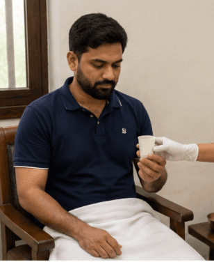 Panchakarma doctor supervising a Vamana session from start to finish.
