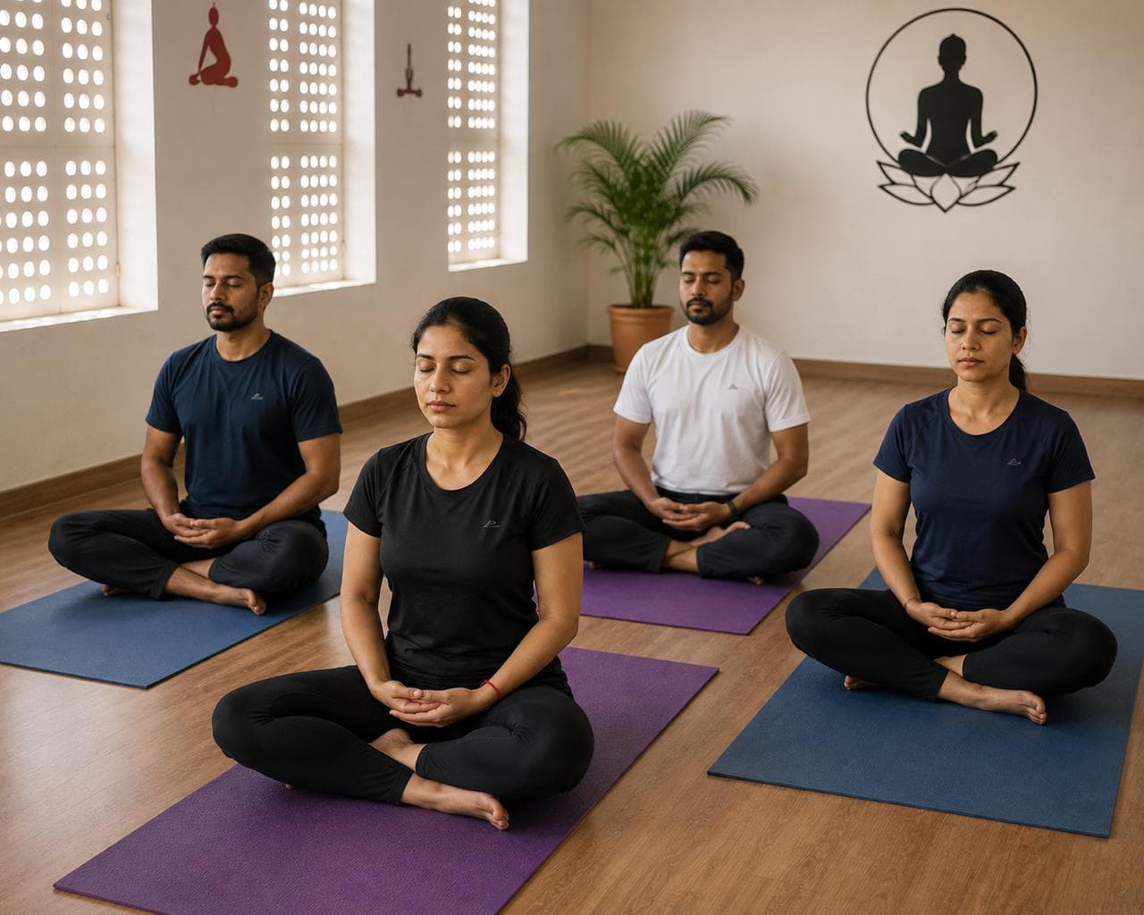 Guided meditation session in the quiet hall.